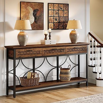 Industrial Sofa Table with Drawers, Slim Console Table for Hallway or Living Room