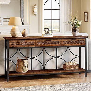 Industrial Sofa Table with Drawers, Slim Console Table for Hallway or Living Room