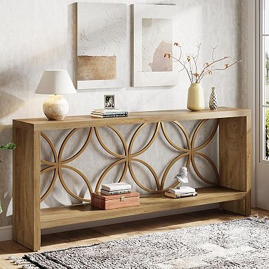 Long Narrow Console Table, Entryway Table with Wood Grain and Open Shelves
