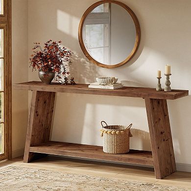 Farmhouse Sofa Table Solid Wood Open Shelves for Entryway or Living Room