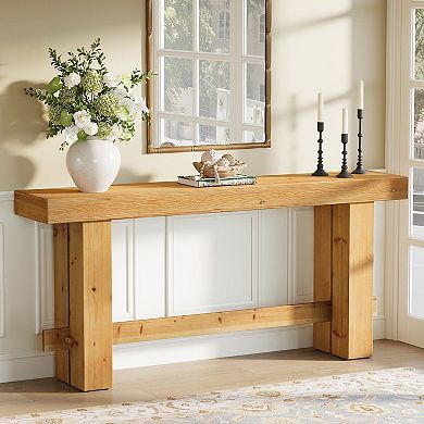 Farmhouse Console Table Solid Wood Wave Pedestal Table for Living Room
