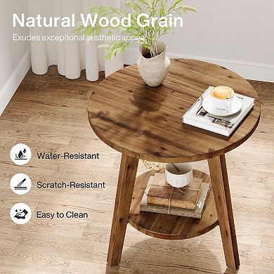 Round Wood End Table with Storage Shelf for Living Room or Bedroom