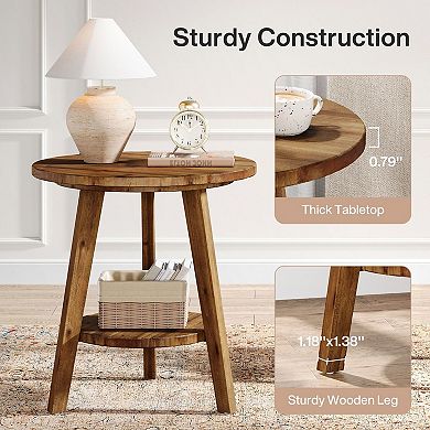 Round Wood End Table with Storage Shelf for Living Room or Bedroom