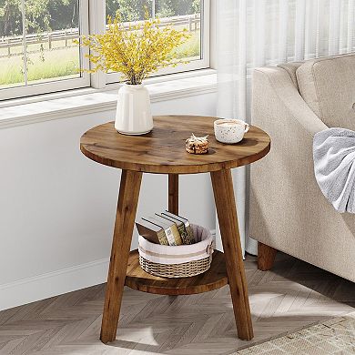 Round Wood End Table with Storage Shelf for Living Room or Bedroom