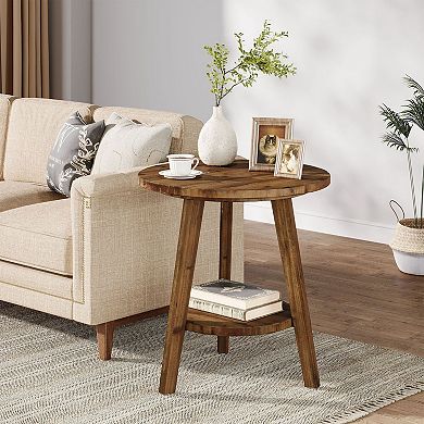 Round Wood End Table with Storage Shelf for Living Room or Bedroom