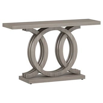 Curved Wood Console Table with Geometric Base for Plants, Art, or Decorative Collections