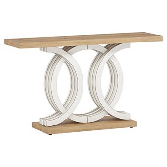 Curved Wood Console Table with Geometric Base for Plants, Art, or Decorative Collections