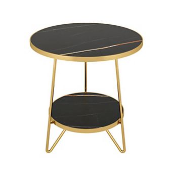 2 tier Faux Marble End Table with Hairpin Legs for Living Room or Bedroom
