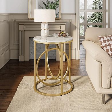 Round Marble-Top End Table with O-Shaped Metal Frame for Small Spaces