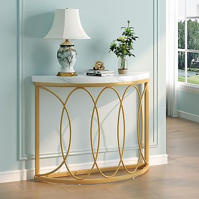 Half-Moon Console Table with Faux Marble Top for Entryway or Living Room