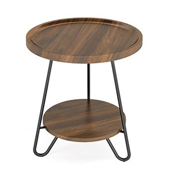 Round Side Table with Lower Shelf Wood Grain Top Metal Frame End Table for Bedroom or Living Room