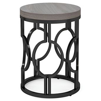 Round Accent Table with Veneer Top, Metal Frame End Table for Bedroom or Living Room