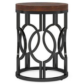 Round Accent Table with Veneer Top, Metal Frame End Table for Bedroom or Living Room
