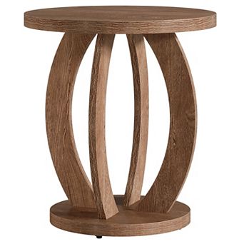 Round Side Table with Lower Shelf Farmhouse Wood Grain End Table for Bedroom or Living Room