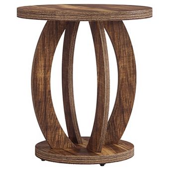 Round Side Table with Lower Shelf Farmhouse Wood Grain End Table for Bedroom or Living Room