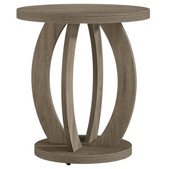 Round Side Table with Lower Shelf Farmhouse Wood Grain End Table for Bedroom or Living Room