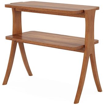 Narrow End Table 2 tier Wood Top Herringbone Legs Side Table for Living Room or Bedroom
