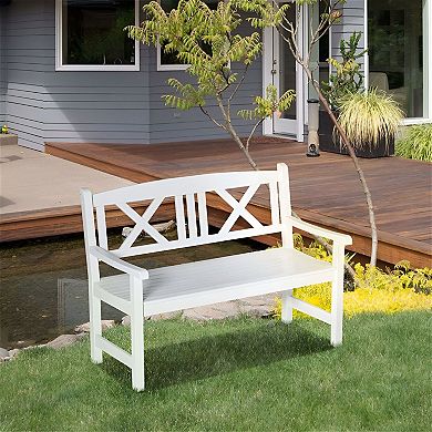Rustic Poplar Wood Outdoor Bench with Slatted Seat and X Backrest 550 lb Capacity