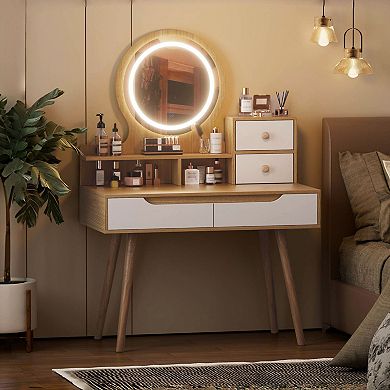 Vanity Table with Lighted Mirror and Touch Control, 4 Drawers & Open Shelves, Bedroom Makeup Desk