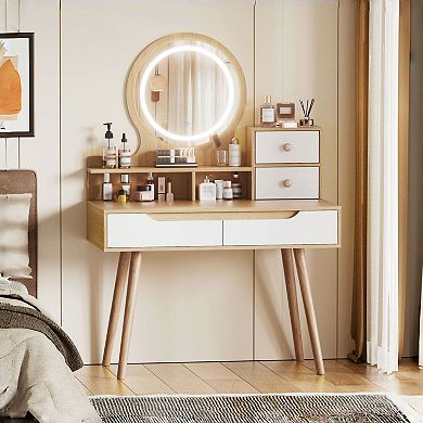 Vanity Table with Lighted Mirror and Touch Control, 4 Drawers & Open Shelves, Bedroom Makeup Desk