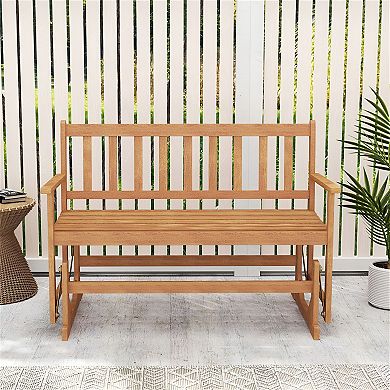 2 Seat Acacia Wood Glider Bench with Smooth Rocking Motion 800 lb Capacity
