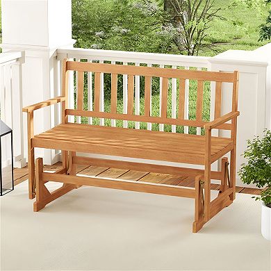 2 Seat Acacia Wood Glider Bench with Smooth Rocking Motion 800 lb Capacity