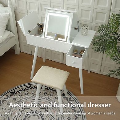 Flip Top Makeup Vanity Desk with LED Mirror and Stool, Hidden Storage Compartments