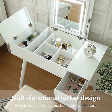 Flip Top Makeup Vanity Desk with LED Mirror and Stool, Hidden Storage Compartments