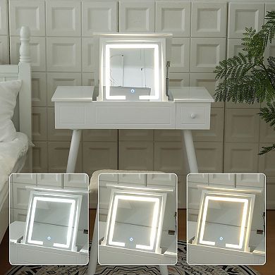 Flip Top Makeup Vanity Desk with LED Mirror and Stool, Hidden Storage Compartments