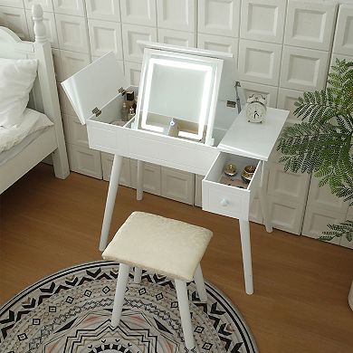 Flip Top Makeup Vanity Desk with LED Mirror and Stool, Hidden Storage Compartments