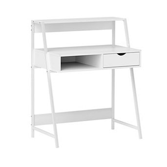 Small Computer Desk with Drawer and Open Shelves, Space Saving Writing Desk with Storage