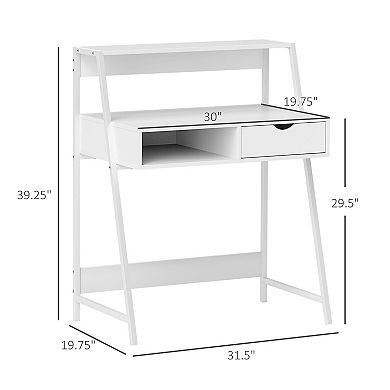 Small Computer Desk with Drawer and Open Shelves, Space Saving Writing Desk with Storage