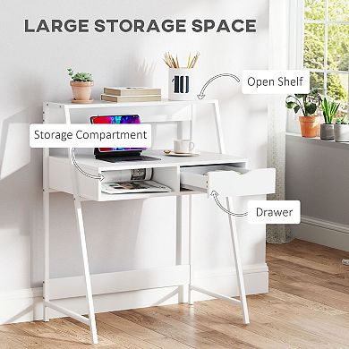 Small Computer Desk with Drawer and Open Shelves, Space Saving Writing Desk with Storage