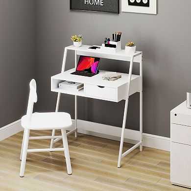 Small Computer Desk with Drawer and Open Shelves, Space Saving Writing Desk with Storage