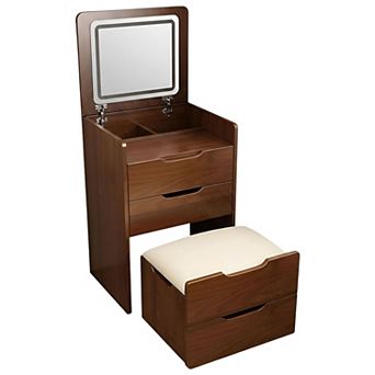 3-in-1 Vanity Desk with Flip Up Mirror and Storage for Bedroom, Walnut Makeup Table with Stool