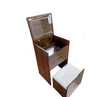 3-in-1 Vanity Desk with Flip Up Mirror and Storage for Bedroom, Walnut Makeup Table with Stool