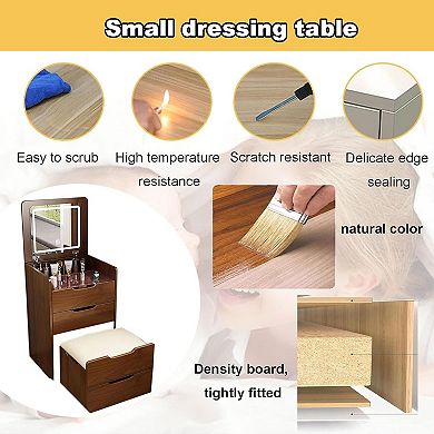 3-in-1 Vanity Desk with Flip Up Mirror and Storage for Bedroom, Walnut Makeup Table with Stool