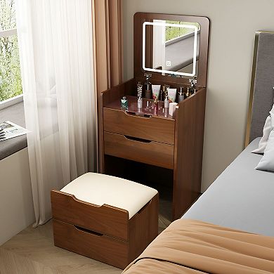 3-in-1 Vanity Desk with Flip Up Mirror and Storage for Bedroom, Walnut Makeup Table with Stool