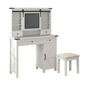 Vanity Desk with LED Mirror and Stool 4 Drawers Cabinet Glass Top Makeup Table For Bedroom