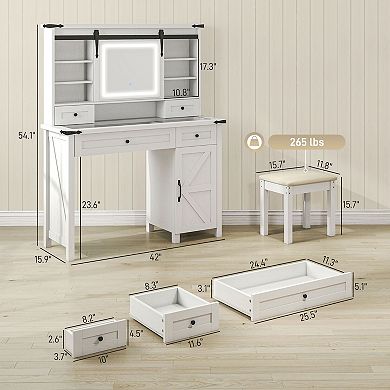 Vanity Desk with LED Mirror and Stool 4 Drawers Cabinet Glass Top Makeup Table For Bedroom