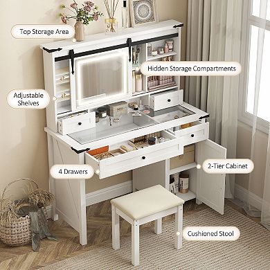 Vanity Desk with LED Mirror and Stool 4 Drawers Cabinet Glass Top Makeup Table For Bedroom