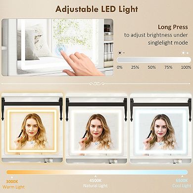 Vanity Desk with LED Mirror and Stool 4 Drawers Cabinet Glass Top Makeup Table For Bedroom