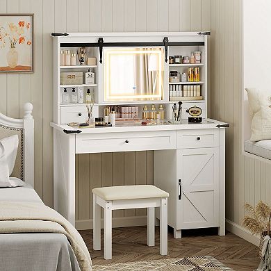 Vanity Desk with LED Mirror and Stool 4 Drawers Cabinet Glass Top Makeup Table For Bedroom