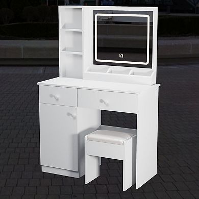 Makeup Vanity Desk with LED Lighted Mirror, Vanity Table with Drawers, Shelves