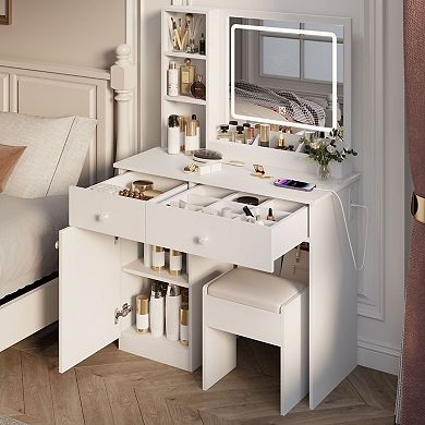 Makeup Vanity Desk with LED Lighted Mirror, Vanity Table with Drawers, Shelves