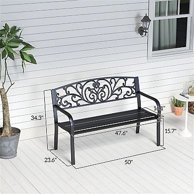 Floral Accented Steel Garden Bench for 2 Powder Coated Frame