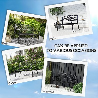 Floral Accented Steel Garden Bench for 2 Powder Coated Frame