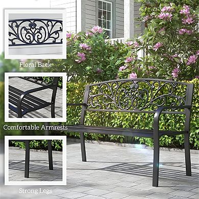 Floral Accented Steel Garden Bench for 2 Powder Coated Frame
