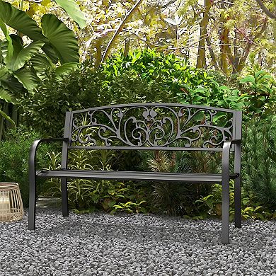 Floral Accented Steel Garden Bench for 2 Powder Coated Frame