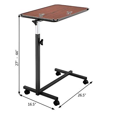 Overbed Laptop Table with Wheels, Adjustable Bedside Desk with Tilting Top for Bedroom
